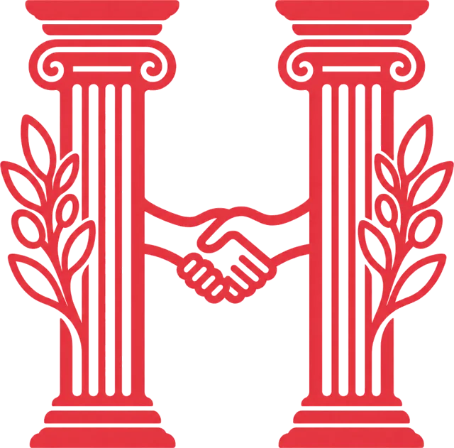 The Hugo mark: two pillars joined by a handshake